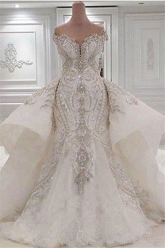 Abiti da sposa sirena lunghi con strascico, senza spalline, decorati con cristalli e sovragonna