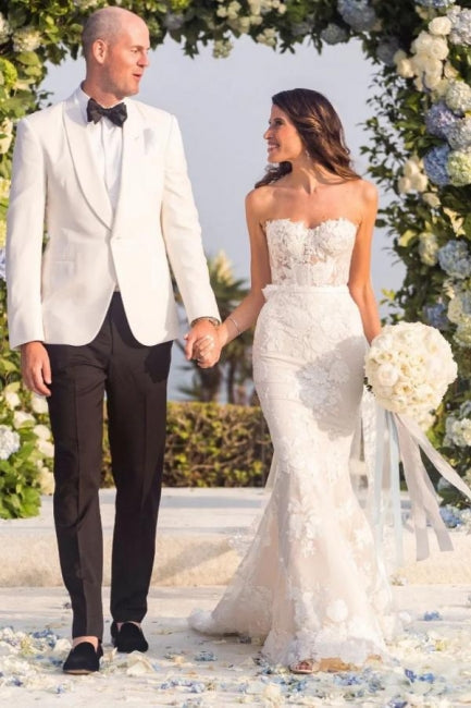 Abiti da sposa sirena senza spalline con scollo a cuore e pizzo