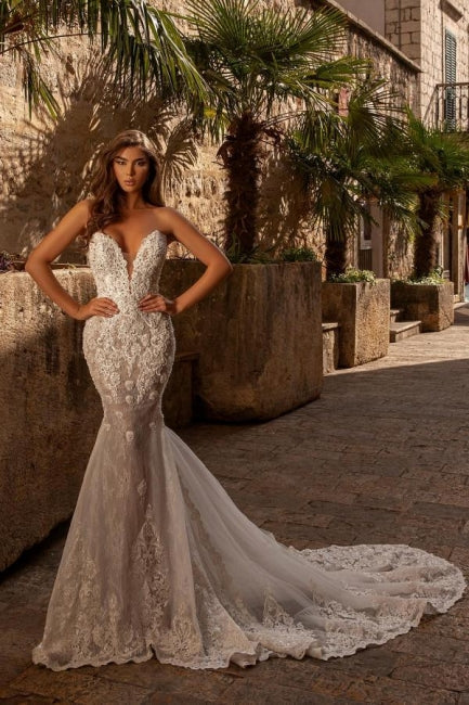 Vestidos de novia sexys de encaje sirena sin mangas con escote corazón