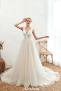 Vestido de Noiva Princesa Sexy com Decote em V e Tule com Aplicações de Renda