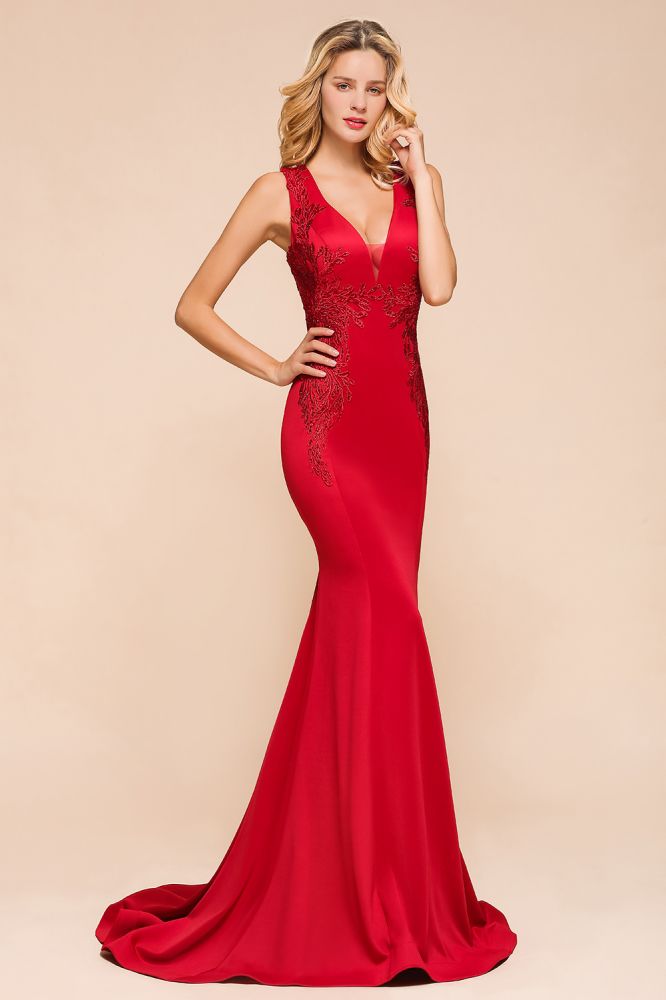 Sexy V-neck Sleeveless Mermaid Evening Maxi Gown Floral Appliques Party Dress with Sweep Train