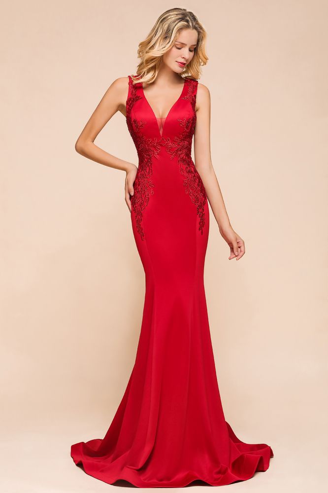 Sexy V-neck Sleeveless Mermaid Evening Maxi Gown Floral Appliques Party Dress with Sweep Train