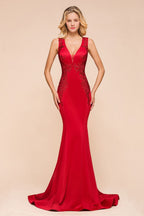 Sexy V-neck Sleeveless Mermaid Evening Maxi Gown Floral Appliques Party Dress with Sweep Train