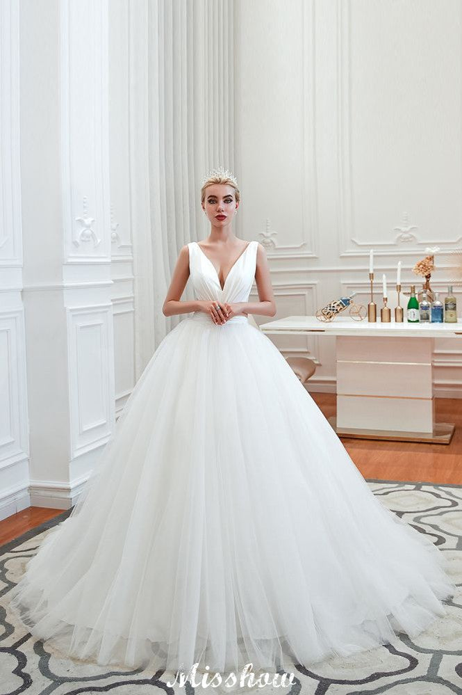 Robe de mariée printanière princesse sans manches à col en V sexy | Robes de mariée blanches dos nu avec ceinture