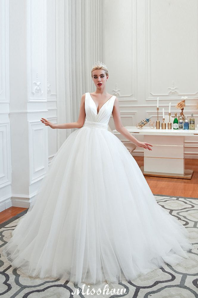 Robe de mariée printanière princesse sans manches à col en V sexy | Robes de mariée blanches dos nu avec ceinture