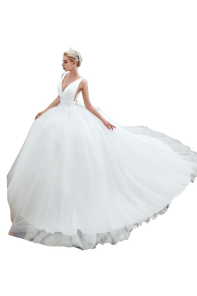 Robe de mariée printanière princesse sans manches à col en V sexy | Robes de mariée blanches dos nu avec ceinture
