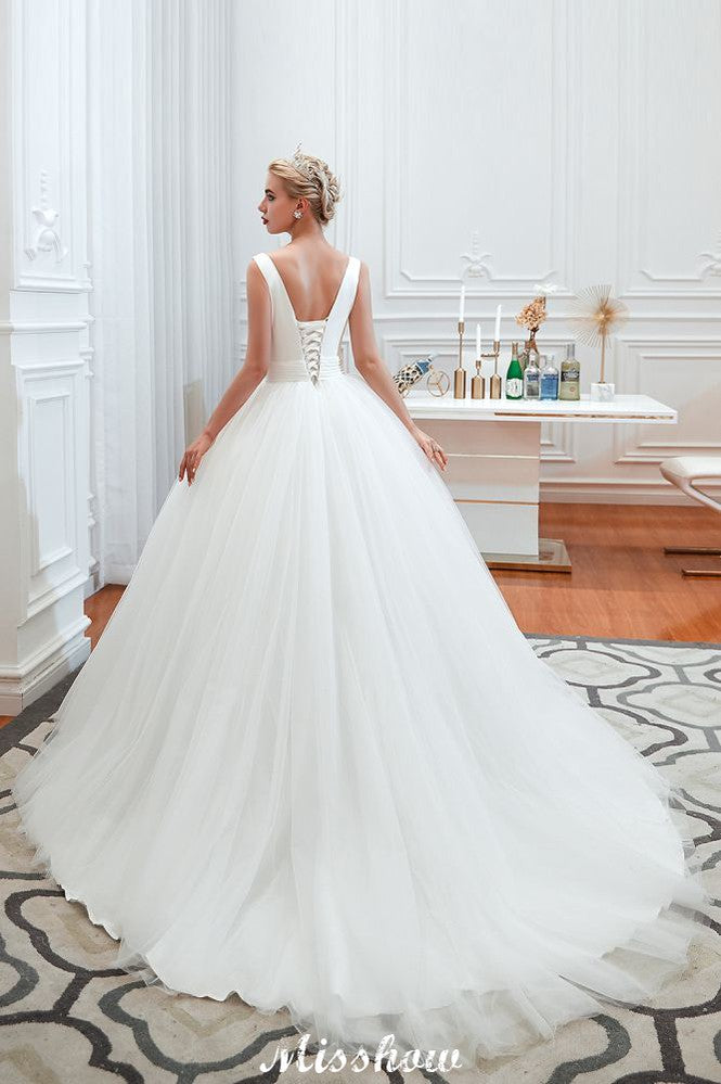 Robe de mariée printanière princesse sans manches à col en V sexy | Robes de mariée blanches dos nu avec ceinture