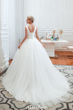 Robe de mariée printanière princesse sans manches à col en V sexy | Robes de mariée blanches dos nu avec ceinture