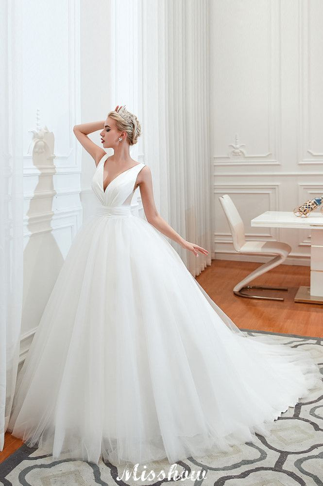 Robe de mariée printanière princesse sans manches à col en V sexy | Robes de mariée blanches dos nu avec ceinture