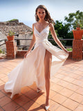 Robe de bal blanche sexy longue en satin, coupe évasée, col en V, dos ouvert avec fente