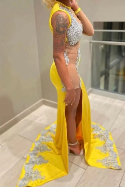 Abito da sera giallo brillante lungo fino al pavimento, in pizzo, senza maniche, a sirena, con spacco
