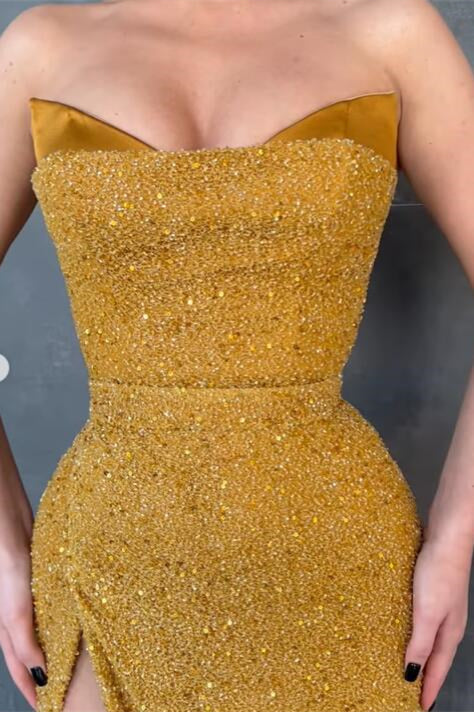 Robe de bal sirène jaune sexy sans manches avec fente latérale