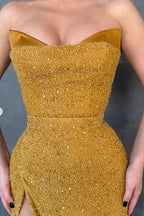 Robe de bal sirène jaune sexy sans manches avec fente latérale