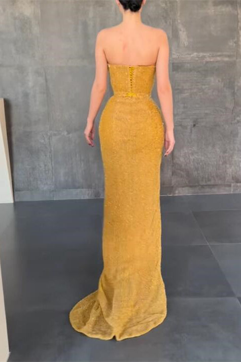 Robe de bal sirène jaune sexy sans manches avec fente latérale