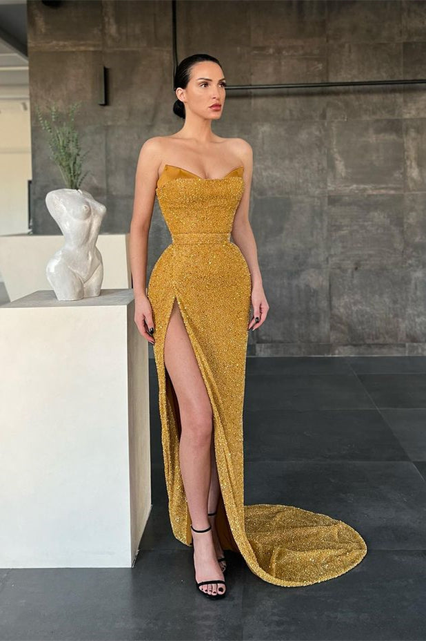 Robe de bal sirène jaune sexy sans manches avec fente latérale