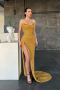 Robe de bal sirène jaune sexy sans manches avec fente latérale