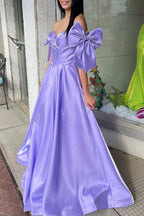 Shanty | A-Line Off-Shoulder Bow Pleated Long Prom Dress