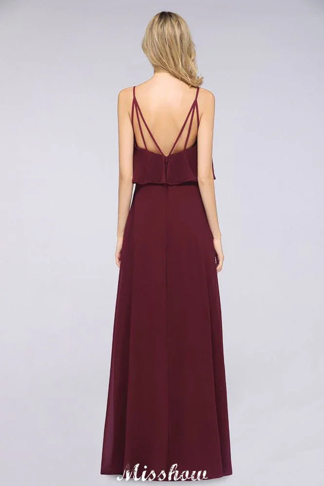 Vestido de Dama de Honra Borgonha Shapghetti em Chiffon sem Costas para Convidada de Casamento