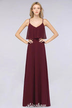 Vestido de Dama de Honra Borgonha Shapghetti em Chiffon sem Costas para Convidada de Casamento