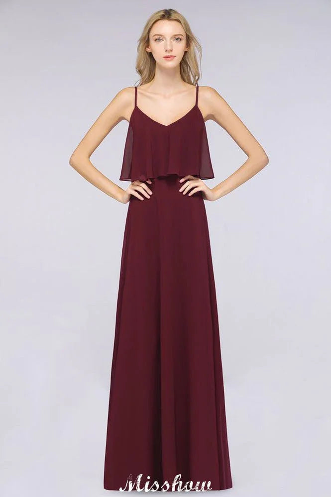 Vestido de Dama de Honra Borgonha Shapghetti em Chiffon sem Costas para Convidada de Casamento