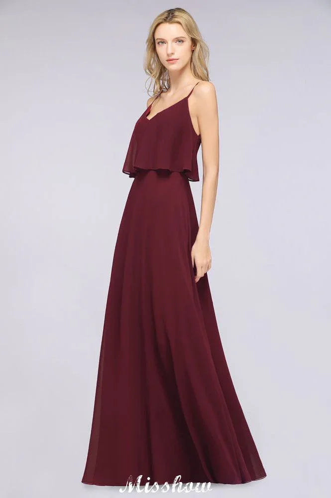 Vestido de Dama de Honra Borgonha Shapghetti em Chiffon sem Costas para Convidada de Casamento
