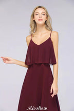 Vestido de Dama de Honra Borgonha Shapghetti em Chiffon sem Costas para Convidada de Casamento