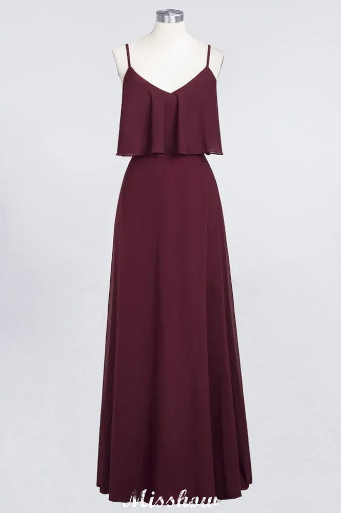 Vestido de Dama de Honra Borgonha Shapghetti em Chiffon sem Costas para Convidada de Casamento
