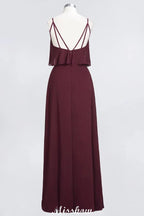 Vestido de Dama de Honra Borgonha Shapghetti em Chiffon sem Costas para Convidada de Casamento
