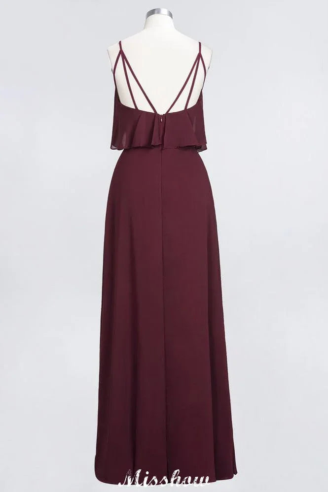 Vestido de Dama de Honra Borgonha Shapghetti em Chiffon sem Costas para Convidada de Casamento