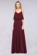 Vestido de Dama de Honra Borgonha Shapghetti em Chiffon sem Costas para Convidada de Casamento