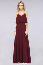 Vestido de Dama de Honra Borgonha Shapghetti em Chiffon sem Costas para Convidada de Casamento