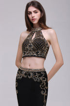 Sheath Crystal Halter Black Two Pieces Prom Dresses