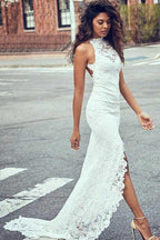 Sheath High Neck Sweep Train Open Back Lace Wedding Dress with Split