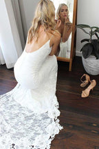 Vestido de Noiva com Bainha, Renda, Costas Descobertas, Decote Redondo, Sem Mangas, Fenda, Cauda de Corte
