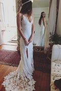 Vestido de Noiva com Bainha, Renda, Costas Descobertas, Decote Redondo, Sem Mangas, Fenda, Cauda de Corte