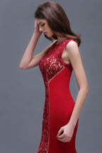 Sheath Round Neck Applique Floor-Length Burgundy Prom Dressses