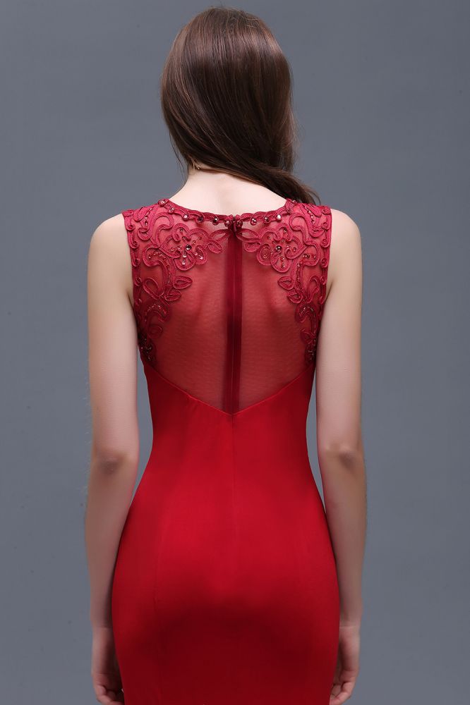 Sheath Round Neck Applique Floor-Length Burgundy Prom Dressses