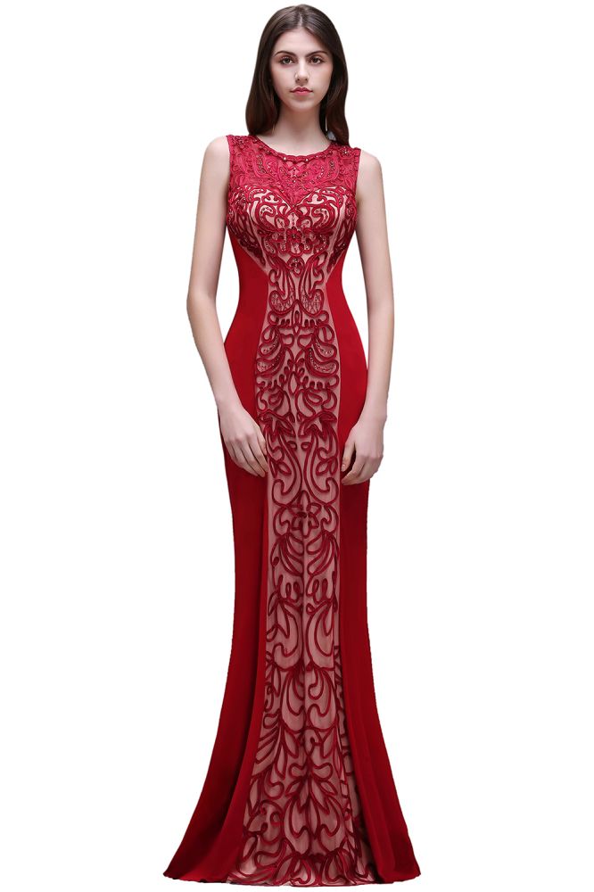 Sheath Round Neck Applique Floor-Length Burgundy Prom Dressses