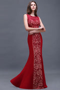 Sheath Round Neck Applique Floor-Length Burgundy Prom Dressses