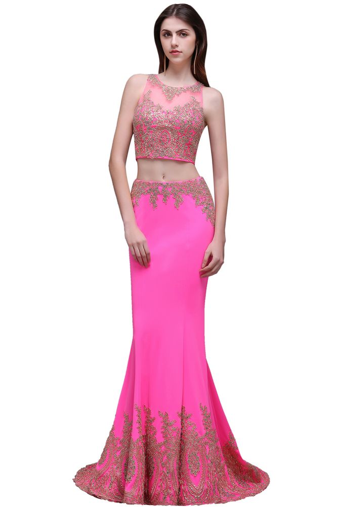 Vestidos de fiesta fucsia con corte tubo, corte redondo y satén elástico