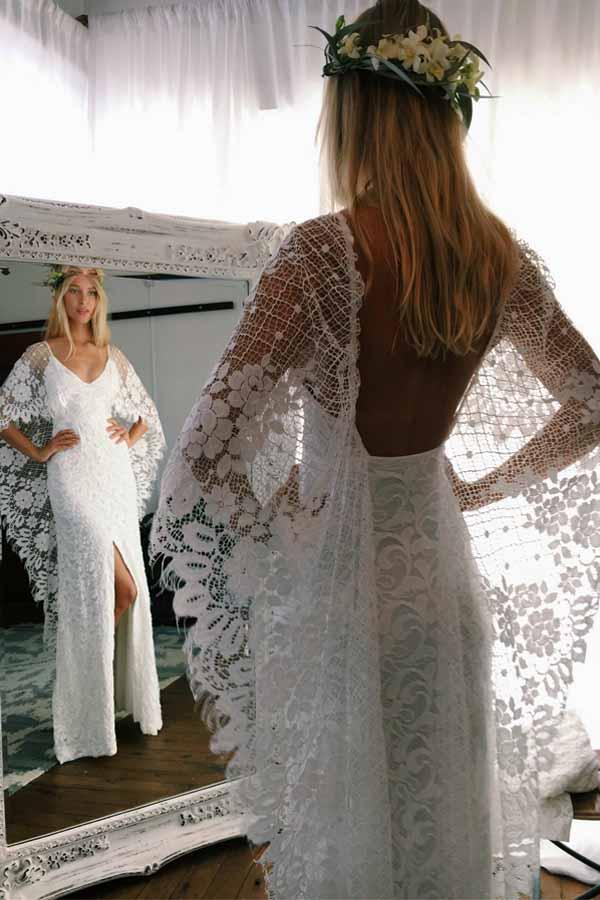 Vestido de Noiva em Renda, Sem Costas, com Corte Justo e Fendas com Envolvimentos