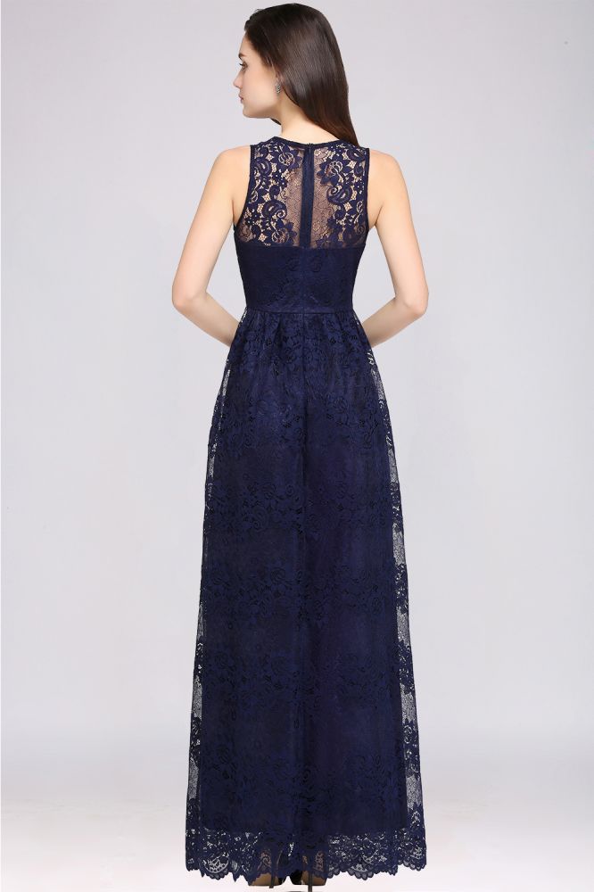 Abito da sera blu navy in pizzo, a tubino, con scollo a V e lunghezza fino al pavimento