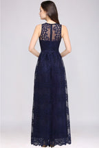 Abito da sera blu navy in pizzo, a tubino, con scollo a V e lunghezza fino al pavimento