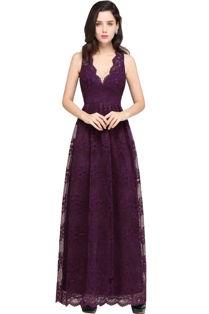 Abito da sera blu navy in pizzo, a tubino, con scollo a V e lunghezza fino al pavimento