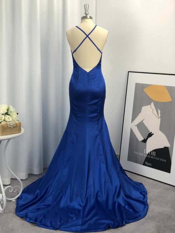 Robe de bal en satin tissé, sans manches, col en V avec gaine froncée élastique