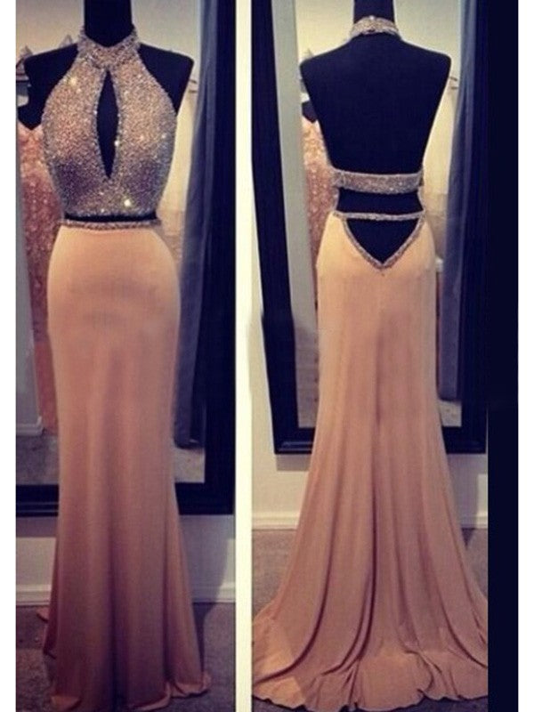 Abito da sera senza maniche con perline, a guaina/colonna in chiffon, con spalline