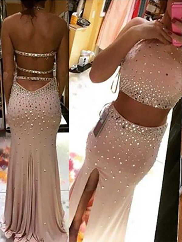 Abito da cerimonia due pezzi senza maniche con perline, fascia e colonna in spandex
