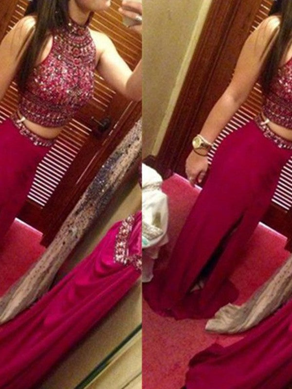 Robe de bal deux pièces en mousseline avec perles, sans manches, longue jusqu'au sol, à fourreau/colonne