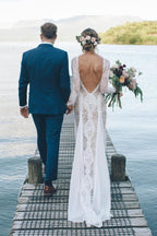 Vestido de Noiva em Renda com Bainha/Coluna, Mangas Compridas e Costas Abertas