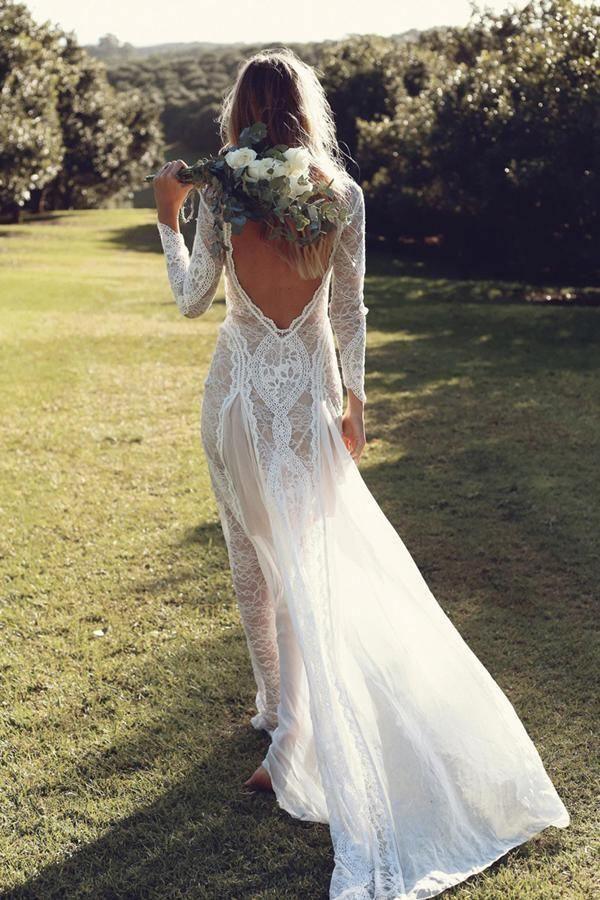 Vestido de Noiva em Renda com Bainha/Coluna, Mangas Compridas e Costas Abertas